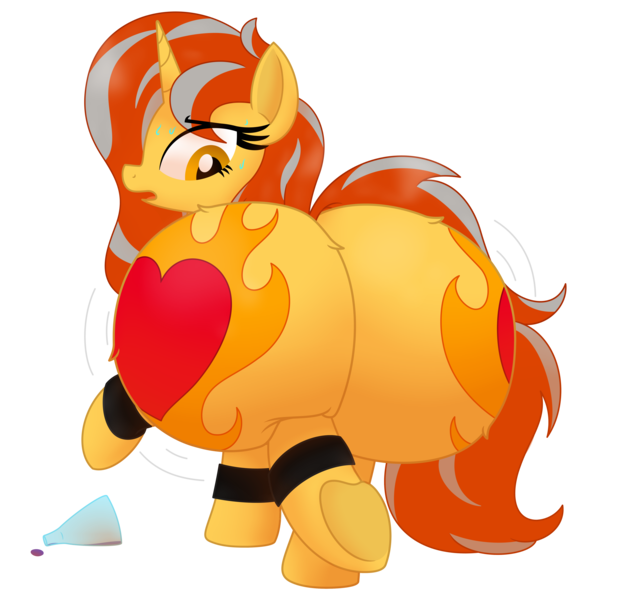 Size: 5002x4840 | Tagged: suggestive, artist:chespi, derpibooru import, oc, oc:cinderheart, unofficial characters only, pony, unicorn, both cutie marks, butt, butt expansion, chest fluff, clothes, commission, female, golden eyes, growth, horn, huge butt, image, jiggle, large butt, mare, panties, png, potion, sequence, simple background, solo, solo female, squishy, sweat, transparent background, underwear, unicorn oc, ych result