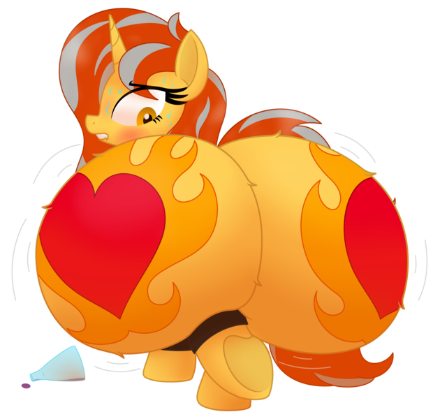 Size: 5002x4840 | Tagged: suggestive, artist:chespi, derpibooru import, oc, oc:cinderheart, unofficial characters only, pony, unicorn, aroused, both cutie marks, butt, butt expansion, chest fluff, clothes, commission, female, golden eyes, gritted teeth, growth, horn, huge butt, hyper, hyper butt, image, impossibly large butt, jiggle, large butt, mare, panties, png, potion, sequence, simple background, solo, solo female, squishy, stretched cutie mark, sweat, teeth, transparent background, underwear, unicorn oc, ych result
