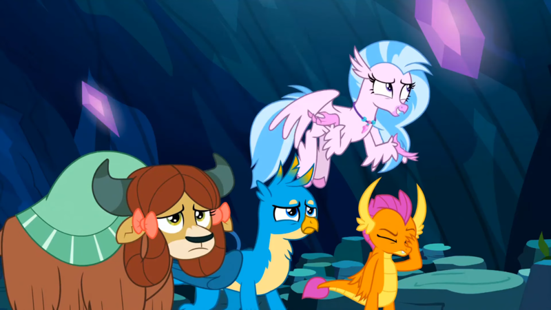 Size: 1600x899 | Tagged: safe, derpibooru import, screencap, gallus, silverstream, smolder, yona, classical hippogriff, dragon, gryphon, hippogriff, yak, uprooted, bow, dragoness, facepalm, female, hair bow, image, jewelry, male, monkey swings, necklace, png, shrug