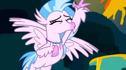 Size: 1600x898 | Tagged: safe, derpibooru import, screencap, silverstream, classical hippogriff, hippogriff, uprooted, eyes closed, female, image, jewelry, necklace, png, raised arm, solo