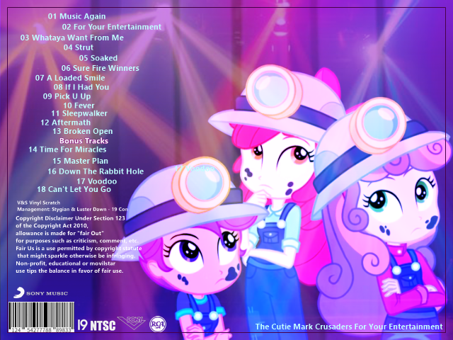 Size: 640x480 | Tagged: safe, derpibooru import, edit, edited screencap, screencap, apple bloom, bon bon, scootaloo, sweetie belle, sweetie drops, human, equestria girls, adam lambert, album, album cover, cd, clothes, cover, cutie mark, cutie mark crusaders, image, lip sync, miner, png, secret agent sweetie drops, space, the cmc's cutie marks