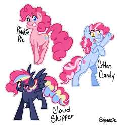 Size: 1198x1262 | Tagged: safe, artist:squeezemelittle, derpibooru import, pinkie pie, oc, oc:cloud skipper, oc:cotton candy, earth pony, pegasus, pony, kilalaverse, female, grandmother and grandchild, grandmother and granddaughter, grin, image, mare, mother and child, mother and daughter, offspring, offspring's offspring, open mouth, open smile, outline, parent:oc:cotton candy, parent:oc:prism bolt, parent:pinkie pie, parent:pokey pierce, parents:oc x oc, parents:pokeypie, png, rearing, signature, simple background, smiling, transparent background, trio, white outline