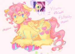 Size: 802x582 | Tagged: safe, artist:girl-bug 925, derpibooru import, fluttershy, pegasus, pony, digital art, g4, image, meow, painting, pink mane, png, teal eyes, yellow coat