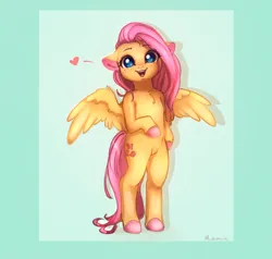 Size: 3333x3168 | Tagged: safe, artist:miokomata, derpibooru import, fluttershy, pegasus, pony, semi-anthro, chest fluff, colored hooves, cute, eye clipping through hair, female, floating heart, freckles, freckleshy, heart, high res, image, looking at you, mare, open mouth, open smile, png, shyabetes, smiling, smiling at you, solo, spread wings, wings