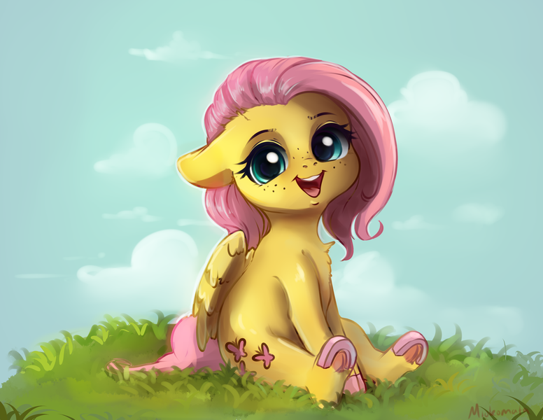 Size: 3476x2688 | Tagged: safe, artist:miokomata, derpibooru import, fluttershy, pegasus, pony, colored hooves, cute, daaaaaaaaaaaw, female, floppy ears, freckles, freckleshy, high res, image, looking at you, mare, miokomata is trying to murder us, open mouth, open smile, png, shyabetes, sitting, smiling, smiling at you, solo, underhoof, weapons-grade cute