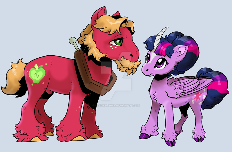 Size: 1920x1261 | Tagged: safe, artist:sandieflower, derpibooru import, big macintosh, twilight sparkle, twilight sparkle (alicorn), alicorn, earth pony, pony, beard, colored horn, curved horn, deviantart watermark, duo, duo male and female, facial hair, female, gray background, horn, image, male, mare, obtrusive watermark, png, shipping, simple background, stallion, straight, twimac, unshorn fetlocks, watermark