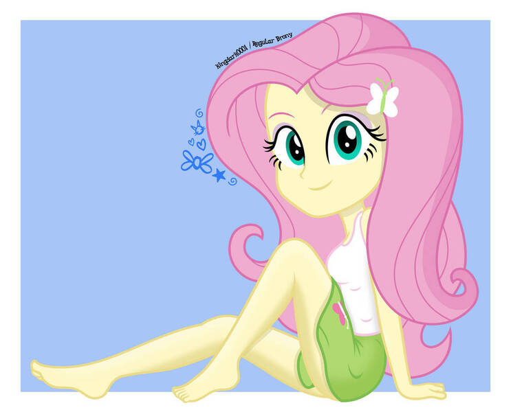 Size: 995x803 | Tagged: safe, artist:kingdark0001, derpibooru import, fluttershy, equestria girls, barefoot, breasts, busty fluttershy, butterfly hairpin, clothes, cute, feet, female, image, jpeg, looking at you, shyabetes, skirt, smiling, smiling at you, solo, solo female