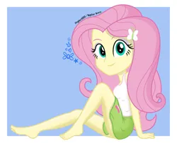 Size: 995x803 | Tagged: safe, artist:kingdark0001, derpibooru import, fluttershy, equestria girls, barefoot, breasts, busty fluttershy, butterfly hairpin, clothes, cute, feet, female, image, jpeg, looking at you, shyabetes, skirt, smiling, smiling at you, solo, solo female