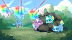 Size: 2880x1619 | Tagged: safe, derpibooru import, screencap, mouse, raccoon, my little pony: tell your tale, spoiler:g5, spoiler:my little pony: tell your tale, spoiler:tyts01e10, bag, flying, g5, image, magic, magic aura, pegamouse, pitchfork, png, raccoonicorn, snarling, sunny-day dinners, telekinesis, tin can, trash bag