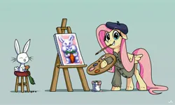 Size: 4096x2471 | Tagged: safe, artist:docwario, derpibooru import, angel bunny, fluttershy, pegasus, pony, rabbit, animal, beret, carrot, cute, duo, easel, female, fluttober, food, grin, hat, high res, hoof hold, image, jpeg, looking at you, mare, mouth hold, paintbrush, painting, shyabetes, simple background, smiling, smiling at you, teal background