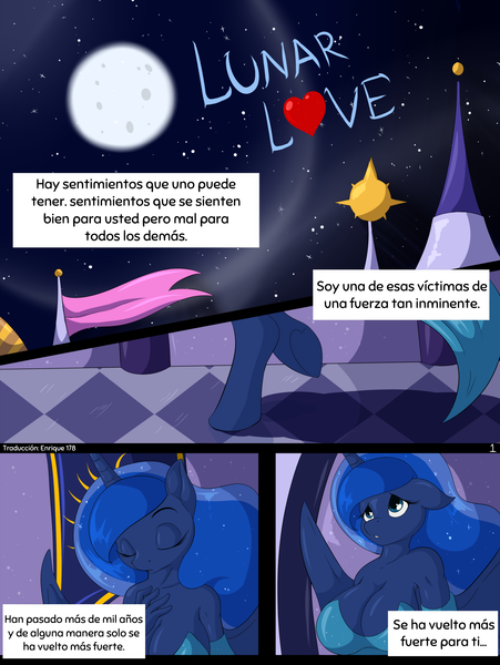 Size: 1480x1971 | Tagged: safe, artist:suirano, derpibooru import, edit, editor:enrique zx, princess luna, alicorn, anthro, unguligrade anthro, comic:lunar love, big breasts, breasts, busty princess luna, cleavage, comic, derpibooru exclusive, female, image, implied incest, implied lesbian, implied princess celestia, implied princest, implied shipping, night, png, sexy, solo, spanish, spanish text, stupid sexy princess luna, translation, translator:enrique zx