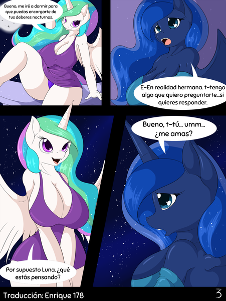 Size: 1480x1971 | Tagged: suggestive, artist:suirano, derpibooru import, edit, editor:enrique zx, princess celestia, princess luna, alicorn, anthro, unguligrade anthro, comic:lunar love, big breasts, breasts, busty princess celestia, busty princess luna, cleavage, clothes, comic, derpibooru exclusive, female, huge breasts, image, incest, lesbian, night, png, princest, shipping, siblings, sisters, skirt, spanish, spanish text, stupid sexy celestia, stupid sexy princess luna, translation, translator:enrique zx, upskirt