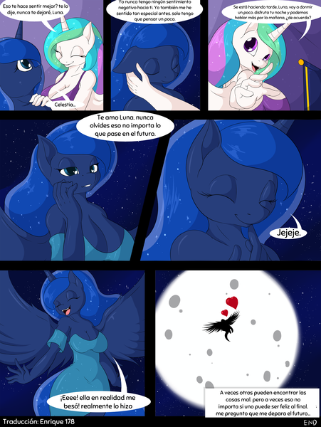 Size: 1480x1971 | Tagged: suggestive, artist:suirano, derpibooru import, edit, editor:enrique zx, princess celestia, princess luna, alicorn, anthro, unguligrade anthro, comic:lunar love, big breasts, breasts, busty princess celestia, busty princess luna, cleavage, comic, cute, derpibooru exclusive, female, floating heart, heart, image, incest, lesbian, lunabetes, night, png, princest, shipping, siblings, sisters, spanish, spanish text, translation, translator:enrique zx