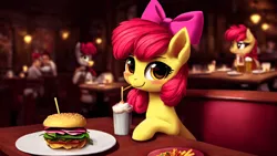 Size: 2048x1152 | Tagged: safe, derpibooru import, machine learning generated, stable diffusion, apple bloom, earth pony, human, pony, blushing, burger, female, filly, foal, food, french fries, hamburger, image, looking at you, mare, milkshake, offscreen character, png, pov, restaurant, smiling, straw