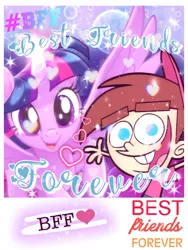 Size: 768x1024 | Tagged: safe, artist:paintgreencolor19, derpibooru import, twilight sparkle, twilight sparkle (alicorn), alicorn, human, pony, my little pony: the movie, best friends, bff, clothes, female, forever, hashtag, hat, heart, horn, image, male, png, shirt, smiling, sparkles, spread wings, tara strong, text, the fairly oddparents, timmy turner, voice actor joke, wings