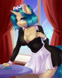 Size: 1638x2048 | Tagged: suggestive, artist:yutakira92, derpibooru import, oc, unofficial characters only, anthro, unicorn, bedroom eyes, big breasts, breasts, choker, cleavage, clothes, female, image, jpeg, lidded eyes, looking at you, maid, smiling, smiling at you, solo, solo female