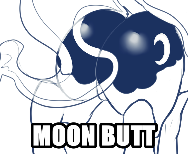 Size: 1306x1069 | Tagged: suggestive, alternate version, artist:maren, derpibooru import, princess luna, pony, butt, caption, dock, doodle, female, image, image macro, mare, monochrome, moonbutt, plot, png, solo, solo female, tail, text