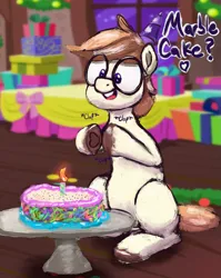 Size: 1835x2310 | Tagged: safe, artist:phutashi, derpibooru import, oc, oc:phutashi, unofficial characters only, earth pony, pony, birthday cake, birthday candles, birthday party, cake, food, glasses, heart, heart hoof, image, male, open mouth, open smile, party, png, sitting, smiling, solo, stallion