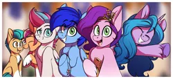 Size: 3286x1496 | Tagged: safe, artist:notetaker, derpibooru import, hitch trailblazer, izzy moonbow, pipp petals, sunny starscout, zipp storm, oc, oc:duskblue, earth pony, pegasus, pony, unicorn, blurry background, g5, image, png