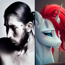 Size: 1024x1024 | Tagged: semi-grimdark, derpibooru import, machine learning generated, oc, oc:nondis haines, oc:sniper shot, human, pony, unicorn, fanfic:it's complicated, beard, facial hair, facial scar, fanfic art, image, injured, male, png, pony to human, ponytail, scar, stallion