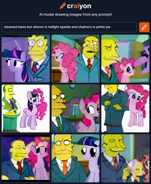 Size: 760x926 | Tagged: safe, craiyon, derpibooru import, machine learning generated, pinkie pie, twilight sparkle, earth pony, unicorn, gary chalmers, image, meme, png, seymour skinner, steamed hams, text, the simpsons