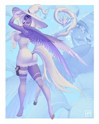 Size: 3272x4096 | Tagged: suggestive, artist:holivi, derpibooru import, anthro, pegasus, unguligrade anthro, ass, breasts, butt, glasses, gun, handgun, hat, hoers, hooves, image, pistol, png, staff, tail, weapon, wings, witch hat