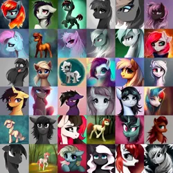 Size: 6144x6144 | Tagged: safe, derpibooru import, machine learning generated, purplesmart.ai, stable diffusion, oc, unnamed oc, earth pony, pony, unicorn, absurd resolution, blushing, bust, collage, creepy, cute, deformed, ear fluff, female, forest, frown, heterochromia, image, looking at you, male, many many pony, meme, messy mane, multiple characters, png, portrait, raised eyebrows, sad, simple background, smiling, smiling at you, tree, unsure