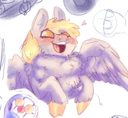 Size: 500x462 | Tagged: safe, artist:creatorsmask, derpibooru import, derpy hooves, pegasus, pony, blushing, cheek fluff, chest fluff, cloven hooves, cute, derpabetes, female, fluffy, image, mare, open mouth, open smile, png, simple background, sketch, smiling, solo, spread wings, unshorn fetlocks, white background, wings