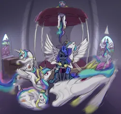 Size: 2040x1921 | Tagged: safe, artist:ciborgen, derpibooru import, screencap, princess celestia, princess luna, alicorn, pony, bed, bedroom, blanket, coffee mug, duo, female, great moments in animation, hat, horn, horn cap, hyperactive, image, levitation, luna is not amused, magic, majestic as fuck, mare, mug, nightcap, png, rolling, silly, smear frame, spread wings, telekinesis, unamused, wings, zoomies