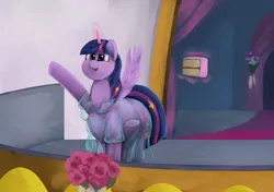 Size: 3120x2196 | Tagged: safe, alternate version, artist:lupin quill, derpibooru import, twilight sparkle, twilight sparkle (alicorn), alicorn, balcony, belly, big belly, blushing, butt, cake, chubby, chubby cheeks, clothes, dialogue, dress, eyebrows, eyebrows visible through hair, fat, fat fetish, feedee, female, fetish, flower, food, image, implied weight gain, magic, nervous, open mouth, png, see-through, solo, spread wings, sweat, sweatdrop, telekinesis, the ass was fat, twilard sparkle, wardrobe malfunction, waving, wingboner, wings