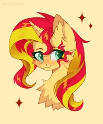 Size: 1544x1865 | Tagged: safe, artist:belkaart0w0, derpibooru import, sunset shimmer, pony, unicorn, blushing, chest fluff, cute, female, image, mare, png, shimmerbetes, simple background, solo, yellow background