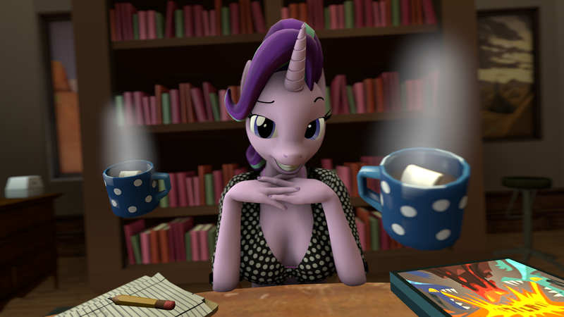 Size: 1920x1080 | Tagged: safe, artist:sketchmcreations, derpibooru import, starlight glimmer, anthro, plantigrade anthro, 3d, board game, breasts, chocolate, clipboard, derpibooru exclusive, dragon pit, drink, empathy cocoa, food, grin, hot chocolate, image, looking at you, marshmallow, mug, painting, pencil, png, raised eyebrow, sire's hollow, sitting, smiling, source filmmaker, steam, stool, table