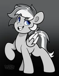 Size: 3119x4000 | Tagged: safe, artist:partylikeanartist, derpibooru import, oc, unofficial characters only, pegasus, pony, gradient background, grin, image, jpeg, male, monochrome, neo noir, partial color, raised hoof, smiling, solo, stallion