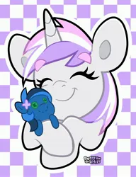Size: 2854x3719 | Tagged: safe, artist:partylikeanartist, derpibooru import, oc, unofficial characters only, pony, unicorn, checkered background, cute, eyes closed, female, hug, image, jpeg, mare, plushie, smiling