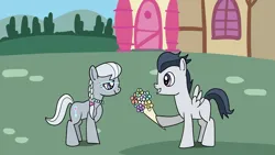 Size: 1920x1080 | Tagged: safe, artist:platinumdrop, derpibooru import, rumble, silver spoon, pony, bouquet of flowers, colt, female, filly, foal, image, male, png, request, rumblespoon, shipping, smiling, straight
