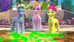 Size: 1280x720 | Tagged: safe, derpibooru import, screencap, hitch trailblazer, posey (g5), sparky sparkeroni, sunny starscout, bird, rabbit, squirrel, my little pony: make your mark, my little pony: make your mark chapter 2, spoiler:g5, spoiler:my little pony: make your mark chapter 2, animal, animated, cowboy hat, earth pony magic, floral magic, flower, food, g5, garden, hat, hopping, image, magic, rose, scared, sheriff, sound, stetson, the cutie mark mix-up, tomato, vine, webm
