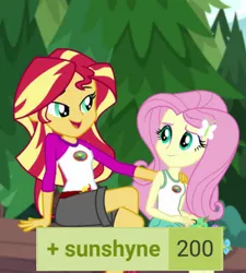 Size: 720x801 | Tagged: safe, derpibooru import, edit, edited screencap, screencap, fluttershy, sunset shimmer, derpibooru, equestria girls, legend of everfree, duo, duo female, female, image, lesbian, looking at each other, looking at someone, meta, milestone, png, shipping, sitting, sunshyne, tags