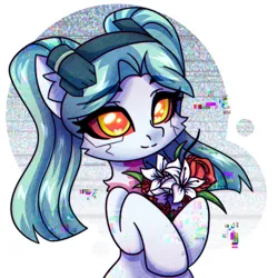 Size: 2500x2500 | Tagged: safe, artist:leah minik, derpibooru import, ponified, earth pony, pony, anime, bouquet, bouquet of flowers, bust, cute, cyberpunk, cyberpunk 2077, cyberpunk: edgerunners, error, eyebrows, eyebrows visible through hair, female, flower, glitch, image, looking at you, mare, pigtails, png, rebecca (cyberpunk: edgerunners), smiling, smiling at you, solo, twintails