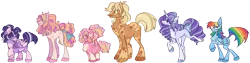Size: 6832x1728 | Tagged: safe, artist:grubgruel, artist:lovedletters, applejack, fluttershy, pinkie pie, rainbow dash, rarity, twilight sparkle, alicorn, earth pony, pegasus, pony, unicorn, alternate design, bow, coat markings, earth pony fluttershy, glasses, hair bun, height difference, image, line-up, mane six, missing accessory, pegasus pinkie pie, png, race swap, redesign, simple background, standing, tail bow, transparent background, twitterina design, unshorn fetlocks