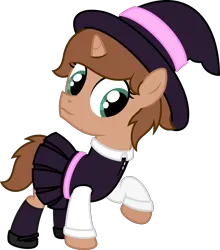 Size: 2340x2656 | Tagged: safe, artist:peternators, derpibooru import, oc, oc:heroic armour, unofficial characters only, pony, unicorn, clothes, colt, costume, crossdressing, fake eyelashes, foal, halloween, halloween costume, hat, holiday, image, male, mary janes, nightmare night, nightmare night costume, png, ponytail, raised leg, shirt, shoes, simple background, skirt, smiling, socks, solo, transparent background, witch, witch costume, witch hat