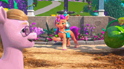 Size: 1280x716 | Tagged: safe, derpibooru import, screencap, sunny starscout, pony, my little pony: make your mark, my little pony: make your mark chapter 2, spoiler:g5, spoiler:my little pony: make your mark chapter 2, animated, apple, background pony, catching, flower, food, fruit, g5, gif, image, rose, swimming pool, the cutie mark mix-up, vegetables, zucchini
