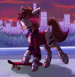 Size: 1641x1672 | Tagged: safe, artist:yuris, derpibooru import, oc, unofficial characters only, earth pony, pony, bandage, bracelet, choker, city, clothes, earth pony oc, grass, image, jewelry, male, park, png, shirt, skateboard, skates, skating, smiling, solo, trade