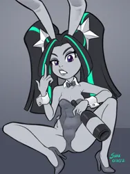 Size: 600x800 | Tagged: suggestive, artist:shaxbert, derpibooru import, aria blaze, human, equestria girls, bottle, bowtie, bunny ears, bunny suit, clothes, female, high heels, image, middle finger, monochrome, pigtails, playboy bunny, playboy bunny aria blaze, png, shoes, solo, solo female, twintails, vulgar, wine bottle