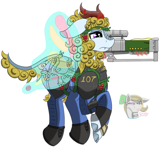 Size: 1450x1338 | Tagged: safe, alternate version, artist:gray star, derpibooru import, oc, unofficial characters only, kirin, fallout equestria, armor, berry, butterfly wings, clothes, commission, food, image, jumpsuit, kirin oc, laser rifle, png, simple background, solo, stable-tec, transparent background, vault suit, vine, wings