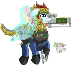 Size: 1450x1338 | Tagged: safe, alternate version, artist:gray star, derpibooru import, oc, unofficial characters only, kirin, fallout equestria, armor, berry, butterfly wings, clothes, commission, food, image, jumpsuit, kirin oc, laser rifle, png, simple background, solo, stable-tec, transparent background, vault suit, vine, wings