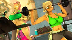 Size: 3840x2160 | Tagged: suggestive, artist:donglysfm, derpibooru import, applejack, fluttershy, anthro, earth pony, pegasus, plantigrade anthro, art pack:feel the burn 2022, 3d, alternate hairstyle, applejacked, barbell, big breasts, breasts, busty applejack, busty fluttershy, clothes, exercise, gym, gym shorts, high res, image, muscles, png, revamped anthros, source filmmaker, straining clothes, tongue out, treadmill, water bottle, weight lifting, weights