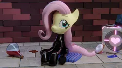 Size: 3840x2160 | Tagged: safe, artist:the luna fan, derpibooru import, part of a set, fluttershy, 3d, blender, blender cycles, bottlecap, brick wall, companion cube, computer, crystal, cushion, derpibooru exclusive, donut, food, high res, image, laptop computer, latex, latex suit, looking up, part of a series, png, portal (valve), potion, sitting, smiling, tiled floor
