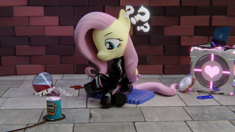 Size: 3840x2160 | Tagged: safe, artist:the luna fan, derpibooru import, part of a set, fluttershy, 3d, beans, blender, blender cycles, bottlecap, brick wall, companion cube, computer, crystal, cushion, derpibooru exclusive, donut, food, high res, image, laptop computer, latex, latex suit, onomatopoeia, part of a series, png, portal (valve), potion, question mark, rope, sitting, tiled floor