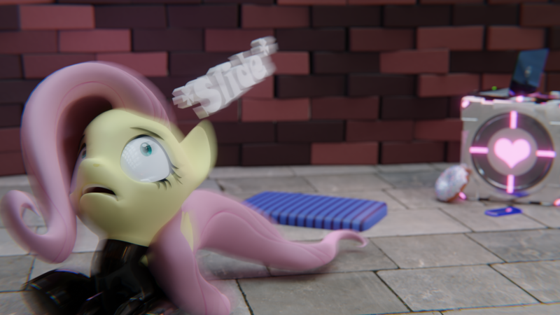 Size: 3840x2160 | Tagged: safe, artist:the luna fan, derpibooru import, part of a set, fluttershy, 3d, blender, blender cycles, bottlecap, brick wall, companion cube, computer, crystal, cushion, derpibooru exclusive, donut, food, high res, image, laptop computer, latex, latex suit, open mouth, part of a series, png, portal (valve), scared, sliding, tiled floor