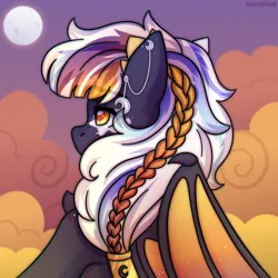 Size: 2500x2500 | Tagged: safe, artist:leah minik, derpibooru import, oc, oc:solluna, unofficial characters only, pegasus, pony, bat wings, braid, bust, cloud, commission, ear piercing, eyebrows, eyebrows visible through hair, female, half bat pony, image, looking away, mare, moon, multicolored mane, night, night sky, pegasus oc, piercing, png, sky, sky background, solo, wings